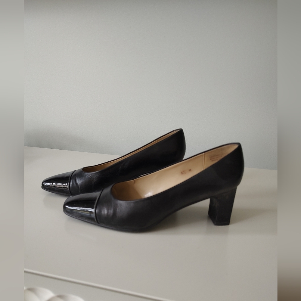 Etienne Aigner Strada Black Leather Patent Cap Toe Pumps Size 6.5